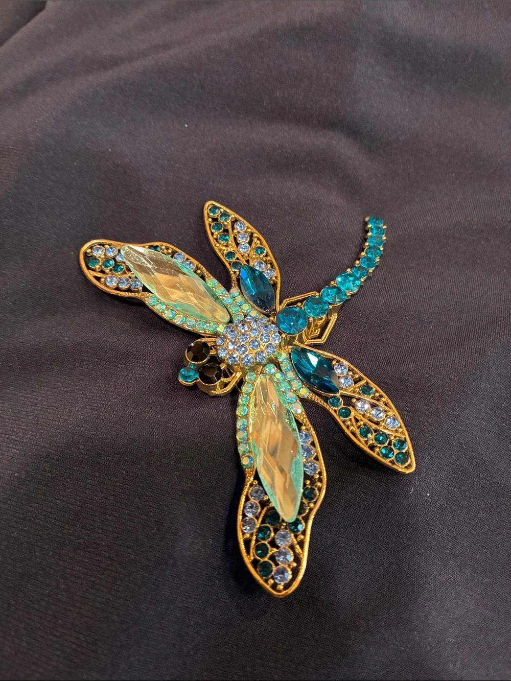 Large Blue Dragonfly Brooch - Rhinestone and Crystal and Gold Tones (ABBA) - Picture 3 of 16